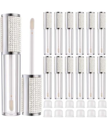 12 Pieces Crystal Rhinestone Lip Gloss Tubes Empty Lip Gloss Bottles Refillable Rhinestone Lip Gloss Container Lip Balm Tubes Plastic Cosmetic Bottles with Rubber Inserts  5 ml (Silver)