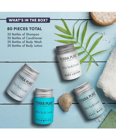 Terra Pure White Tea & Coconut Toiletries Set - 80 Piece Travel Amenities for Hotels Airbnb & Rentals | Hotel Shampoo Conditioner Body Wash & Lotion - Buy Online on SooperMarket.com