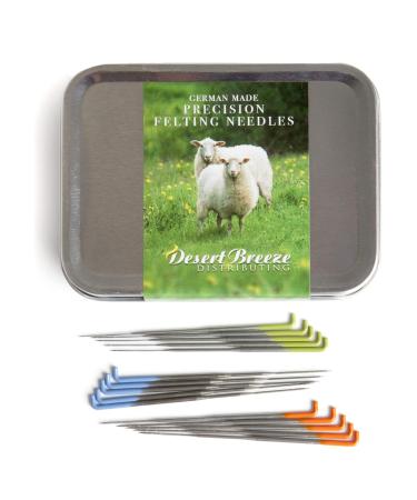 Precision Felting Needles for Wool, Essential Tools for Beginner to Expert, German Made, High Carbon Steel, Color Coded, Gauges 36 Star, 38 Star, and 40 Spiral, Metal Sharps Container for Safe Storage Full Set (5/ea size) + Tin