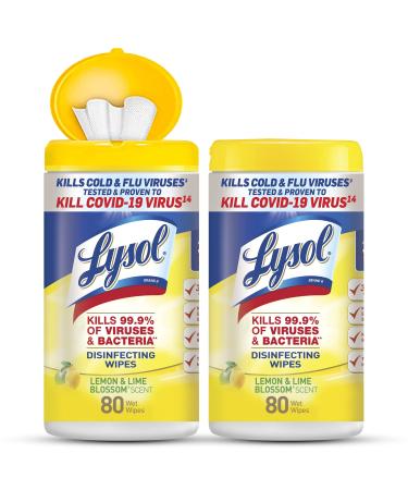 Lysol Disinfectant Wipes, Multi-Surface Antibacterial Cleaning Wipes, For Disinfecting and Cleaning, Lemon and Lime Blossom, 80 Count (Pack of 2)
