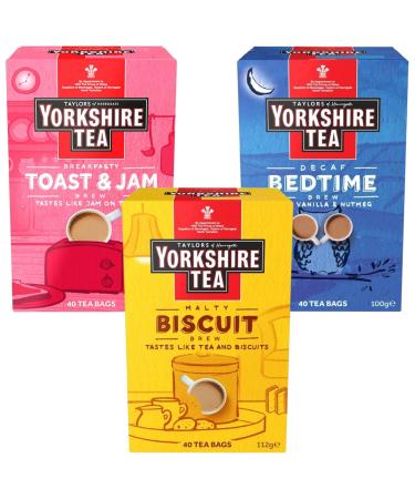 Yorkshire Tea Bags Specialty Brew Bundle Containing Biscuit Brew Toast and Jam Decaf Bedtime - 120 tea bags total