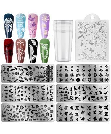 6PCS Nail Stamping Plates Kit EBANKU Stamping Plates for Gel Polish with 1 Nail Stamper & 1 Nail Scraper Flower Animal Pattern Manicure Print Tools for DIY Nail Art Designs