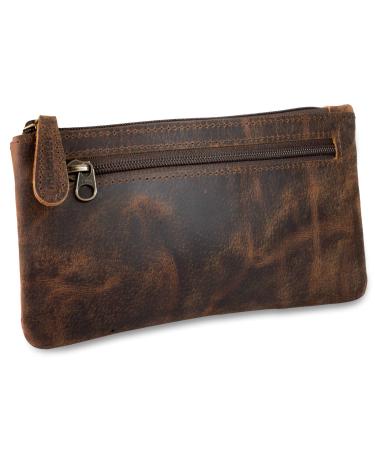 Moonster Leather Pencil Case Beautifully Handcrafted Zippered Pouch That s Made To Last - Elegant Practical Pencil Cases for Adults & Students - Unique 8" x 4" Design with Side Pocket & Keyring Dark Brown