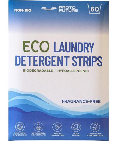 Proto Future Eco-Friendly Laundry Detergent Sheets - Biodegradable Hypoallergenic Zero Waste Plastic-Free Eco-Strips - No Enzymes Plant-Based Formula (Fragrance Free 60 Loads) Fragrance Free 60 Count (Pack of 1)