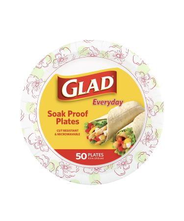 Glad Disposable Paper Plates for All Occasions | Round Soak Proof, Cut Proof, Microwaveable Heavy Duty Disposable Plates | 8.5" Diameter, 50 Count Bulk Paper Plates, Pink Flower Print 8.5" Plates - 50 Count