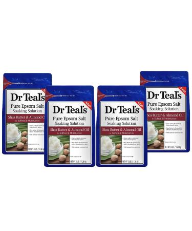 Dr. Teal's Epsom Salt Shea Butter Almond Oil Bath Soaking Solution with Essential Oils - Pack of 4, 3 lb Resealable Bags - Soften and Moisturize Your Skin, Relieve Stress and Sore Muscles