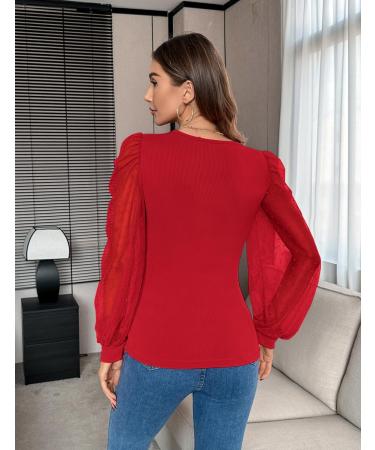 Fayenne Womens Tops Deep V Neck Cross Wrap Sexy Tops Polka Dot Mesh Long Sleeve T Shirt Casual Blouses S Red - Buy Online on SooperMarket.com