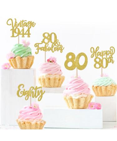 Rsstarxi 30 Pack Happy 80th Birthday Cupcake Toppers Gold Glitter Eighty 80 Fabulous Vintage 1944 Cupcake Picks Decorations for Cheers to 80th Birthday Wedding Anniversary Party Cake Decorations Gold 80th
