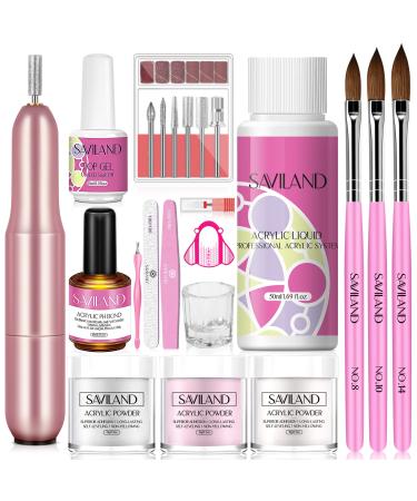 Saviland Acrylic Nail Kit - Acrylic Powder Kit with Drill Nails Kit Acrylic Set 3 Colors Acrylic Powder and Liquid Set Acrylic Nail Brushes Acrylic Nail Set for Beginners DIY Nail Extension&Carving