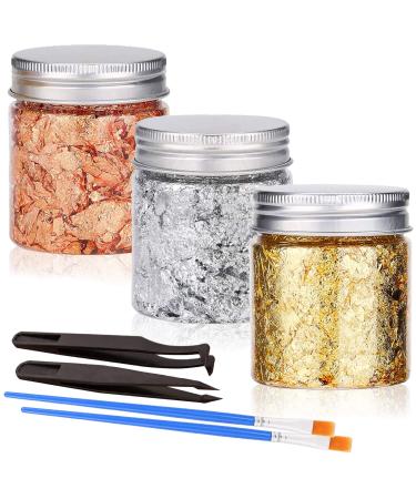 Gold Foil Flakes with Tweezers and Brush, 3 Bottles Imitation Gold Foil Flakes Metallic Leaf for Nail Art, Painting, Crafts and Resin Jewelry Making(Gold, Silver and Copper colors-3g))
