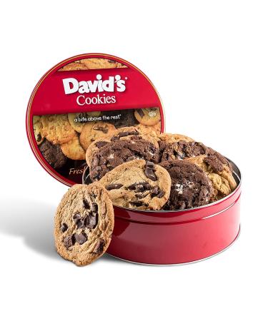 David's Cookies Assorted Fresh-Baked Decadent Cookie Gift Basket Tin  Luscious Large Cookies No Added Preservatives 4 oz./ each All-Natural Cookies  Ideal Gift for Corporate Birthday Fathers Mothers Day Get Well and Oth