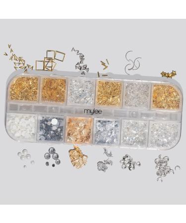 Mylee Crown Jewels Nail Art Kit 12-Piece Set + 5 in 1 Clear Builder Gel Silver & Gold Decorations Metal Rhinestones Studs for Gel Acrylic & Natural Nails Curving Tool Professional & Beginner - Buy Online on SooperMarket.com