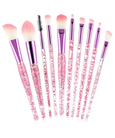 Glitter Crystal Makeup Brush Set 10Pcs Rose Pink Crystal Sparkle Makeup Brushes Kit Premium Cosmetic Brush Set for Foundation Powder Liquid Cream Blending Eye Shadow Eyebrow Blush Concealer