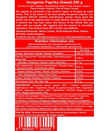 Menol Spices Authentic Hungarian Sweet Paprika Powder 7oz - Premium Quality from Szeged, Hungary - Vibrant Red Color & Incredible Flavor - Eco-Friendly Packaging - Buy Online on SooperMarket.com