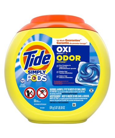 Tide Simply Pods Odor Rescue Liquid Laundry Detergent Pacs, 3 in 1 Powerful Detergent, Fresh Scent, 55 Count