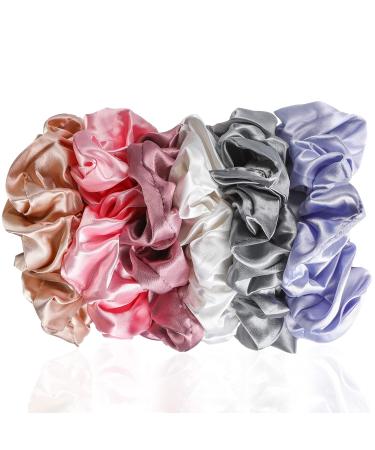 6-Piece Oversized Satin Hair Tie Set - Soft Silk Elastic Ponytail Holders for Girls in Champagne White Silver Gray Light Pink Bean Red Light Blue - Buy Online on SooperMarket.com