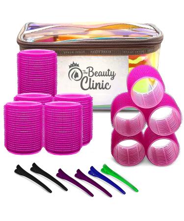 The Beauty Clinic Velcro Rollers for Hair - 10 PCS Self Grip Hair Roller 44mm by 48mm with 6 Duckbill Sectioning Clips Hairdressing Curlers And Self Holding DIY Roller Storage Bag Pink