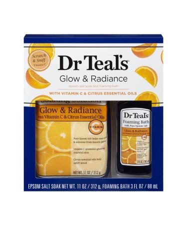 Dr Teal's Vitamin C Epsom Salt and Foaming Bath Set (2 Piece) - Glow & Radiance with Citrus Essential Oil - 11 oz Epsom Salt & 3 oz Foaming Bath - at Home Spa Kit Gift Pack - Relax & Soothe Muscles