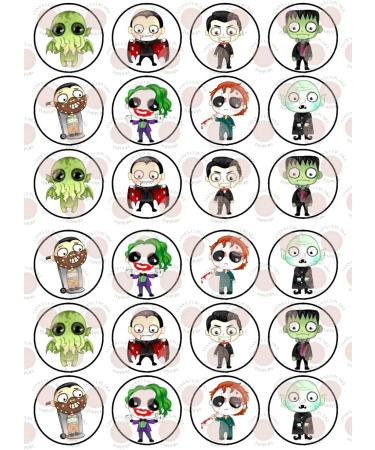 24 Halloween Horror Characters Theme #2 Edible Cupcake Toppers (PRECUT Optional) - wafer card disc cake decorations Stand Up/Lie Flat (UNCUT Pack of 24) - Buy Online on SooperMarket.com