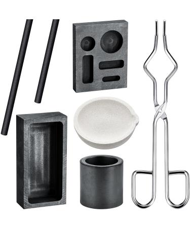 7 Pieces Graphite Torch Melting Casting Kit, Including 2 Graphite Crucible Stir Stick, Graphite Casting Mould 5-in-1 Graphite Casting Ingot Mould, Quartz Crucible, Cylindrical Graphite, Tong for Melt