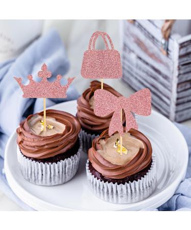 24pcs Princess Cupcake Toppers Glitter Pink Cupcake Decoration Lipstick High Heel Crown Lip Handbag Bow Cake Topper for Birthday Wedding Baby Shower Bachelorette Party Supplies - Buy Online on SooperMarket.com