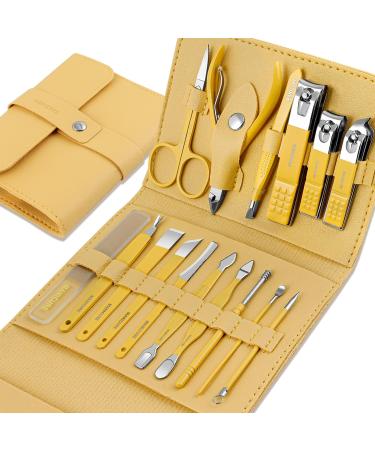 Manicure Pedicure Set 16 PCS Professional Stainless Steel Nail Clippers Grooming Kit - With Luxury Leather Travel Case (Yellow) lemon tree