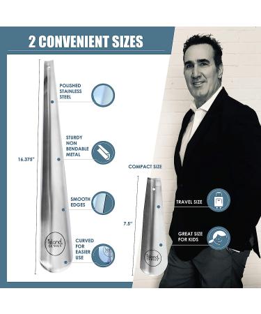 Island Genius Metal Shoe Horn Set of 2 - Stainless Steel Shoe Helper for Seniors, Kids, Men & Women - Long-handled & Travel Size - Ideal for Boots, High Heels, Cleats - Accessories/Tool - Buy Online on SooperMarket.com