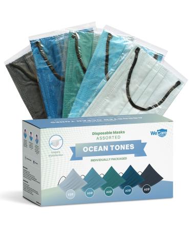WeCare Disposable Face Mask Individually Wrapped - 50 Pack, Assorted Ocean Tone Solid Color Print Masks - 3 Ply Ocean Tones