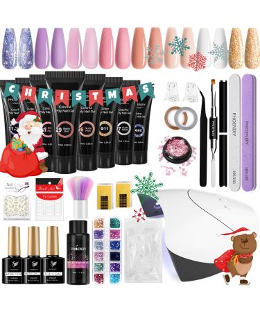 Poly Nail Gel Kit Phoenixy 8 Colors 15ml Poly Extension Gel Nail Kit with UV/LED Nail Lamp Glossy Matte Base Top Coat Poly Builder Nail Gel Gift Kit for Women 29 Pieces. Set