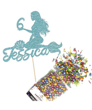 Cakeshop Cake Decoration Pack | Mermaid Happy Birthday Premium Double Sided Glitter Card Cake Topper & 25g Party Pack of Cake Sugar Sprinkles | Custom Name & Age Cake Decorations (Baby Blue) Non-Prime Glitter Card: Baby Blue