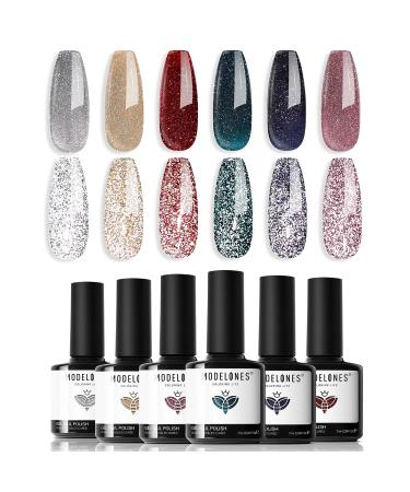 Modelones Reflective Glitter Gel Nail Polish Set 6 Colors Pink Red Black Silver Shimmer Sparkle Gel Polish Collection Kit LED Soak Off Nail Polish Manicure Art Gel Kit Home DIY Nail Salon