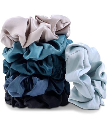 Satin Scrunchies for Women 6 Pack Big Scrunchies for Thick Hair Faux Silk Large Scrunchies Bulk Hair Ties for Thick Hair Curly Straight Hair (Elegant Blue)