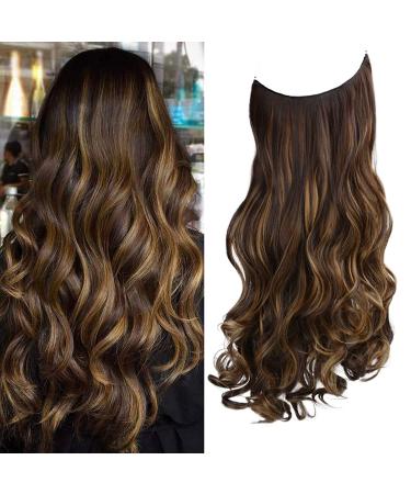 REECHO Invisible Wire Hair Extensions with Transparent Headband Adjustable Size Removable Secure Clips in Curly Wavy Secret Hairpiece for Women 20 Inch 5.0 Oz -Chestnut Brown with Blonde Hightlights 20 Inch (Pack of 1) Che