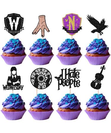 24 Pack Wednesday Birthday Addams Cupcake Toppers Glitter Fantasy Horror Thing Wednesday Cupcake Picks for Magic Hand Black Bat Girl Fantasy Addams Family Birthday Party Cupcake Decorations Supplies 3