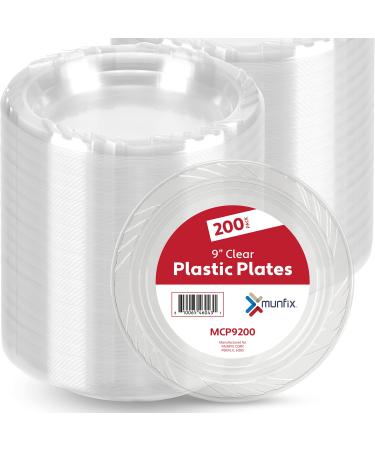 Munfix 9 Inch Clear Plastic Plates 200 Bulk Pack - Disposable Plates for BBQ Party Dinner Travel and Events, Microwavable Recyclable