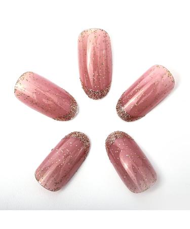 Novo Ovo Medium-Length Oval Almond Dark Pink & Gold Glitter French Tip Press-On Nails | Chrome Artificial Fingernails | Easy Sticking with Glue - Buy Online on SooperMarket.com