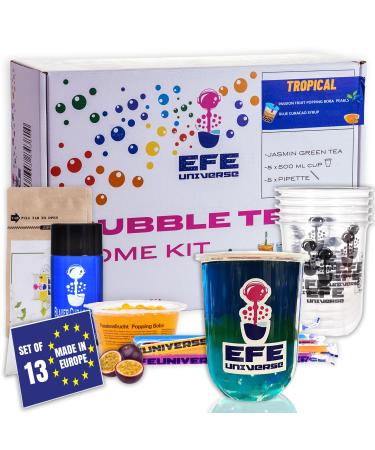 NORDIC SCHILLER Bubble Tea Home Kit Tropical Vibes 100% Vegetarian and Gluten Free Boba Tea Kit Passion Fruit Popping Boba Pearls Blue Cracao Syrup and Jasmine Green Tea Bubble Tea Gift Set