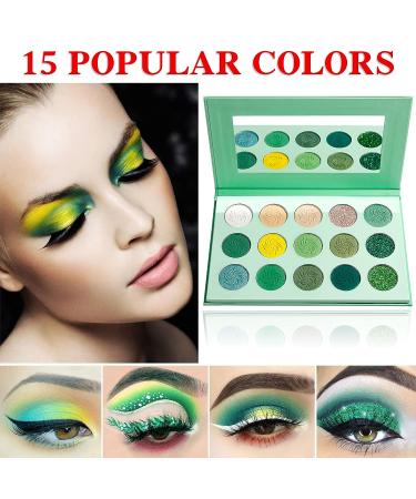 QIUFSSE 15-Color Green Eyeshadow Palette - Highly Pigmented Matte & Glitter Shades for Long-Lasting, Blendable Makeup - Perfect for Women, Christmas, Halloween - Buy Online on SooperMarket.com