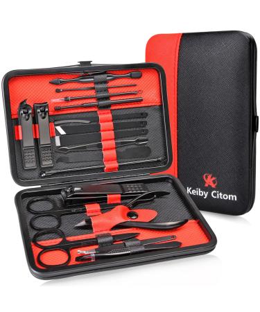 Keiby Citom Manicure Set 18pcs Professional Nail Clippers Kit Pedicure Care Tools-Stainless Steel Grooming Tools With Rose Gold PU Leather Case for Travel & Home (Black/Red)