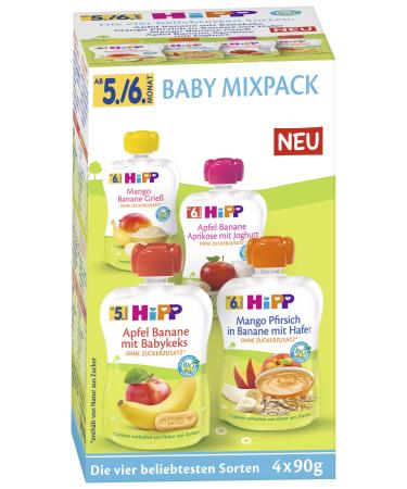 HiPP organic fruit & cereal in a squeeze bag for baby baby squeeze bag mix pack pack of 4 (4x4x90g)