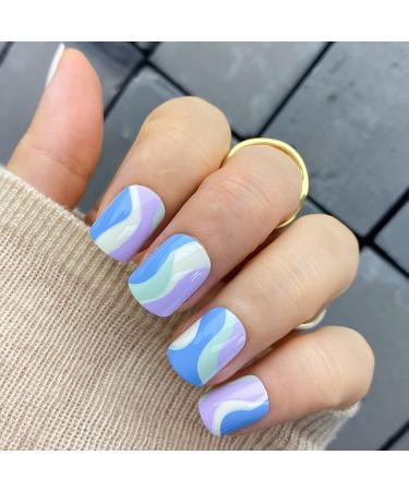 Novo Ovo Short Corner Oval Press On Nails - Purple White Green Strudel - Lavender Stick Artificial Fingernails with Glue for Valentine's Day | International Shipping - Buy Online on SooperMarket.com