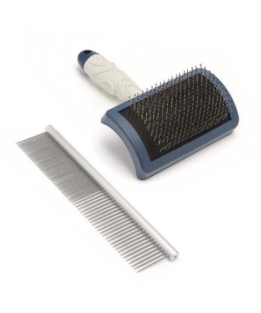 Mikki Dog Puppy Stainless Steel Comb and Hard Pin Slicker Brush for Cockapoos Labradoodles Cavapoos and Golden Doodles - Starter Set 2pcs Blue Grey Small Grooming Kit