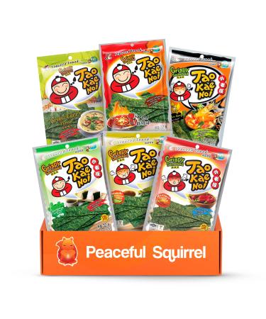 Peaceful Squirrel Variety, Tao Kae Noi Thai Crispy Seaweed Healthy On The Go Nori Snacks For Kids and Adults, 6-Pack, Variety of 6 Flavors, Omega-3s, Fiber, Antioxidants, Vitamin B12, 6 Bags, 1.2 Ounce