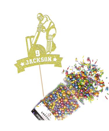 Cakeshop Cake Decoration Pack | Cricket Theme Premium Double Sided Glitter Card Cake Topper Sign & 25g Party Pack of Cake Sugar Sprinkles | Custom Name & Age Cake Decorations (Champagne) Prime Glitter Card: Champagne