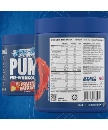 Pump Zero Pre-Workout - Caffeine-Free Energy & Performance (Fruit Burst, 375g) - 25 Servings - Buy Online on SooperMarket.com