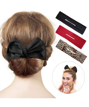 3 Pieces Hair Bun Maker Deft Bun for Hair Twister, Flexible Donut Hair Bun, Lazy Hair Curler Bun Clips, Fashion French Hairstyle, Hair Accessories for Women & Girls Kids (Black, Red, Leopard)
