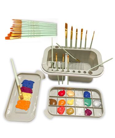 Simplify Asthetic Paint Palette - Paint Brush Cleaner with 10 Pieces Paint Brushes - Paint Brush Holder and Organizers with Palette for Acrylic - Brush Rinser for Watercolor and Water Based Paints