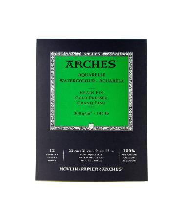Arches Watercolor Pad 9x12-inch Natural White 100% Cotton Paper - 12 Sheet Arches Watercolor Paper 140 lb Cold Press Pad - Arches Art Paper for Watercolor Gouache Ink Acrylic and More 9"x12" Cold Press