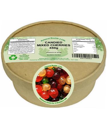 Natural Health 4 Life Cake Baking Ingredients Candied Mixed Colour (Dark Red Red Green and Gold) Glace Cherries 450 g in Recyclable Tub (1 Tub)