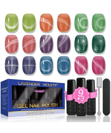 Lavender Violets 13 Pcs Gel Nail Polishes Set 9D Cat Eye Effect Spring Shiny Mermaids Emerald Nail Art UV LED Soak Off With Base Coat Matte n No Wipe Top Coat Magnet Nail File Manicure C967A 9D Cat Eye-967A